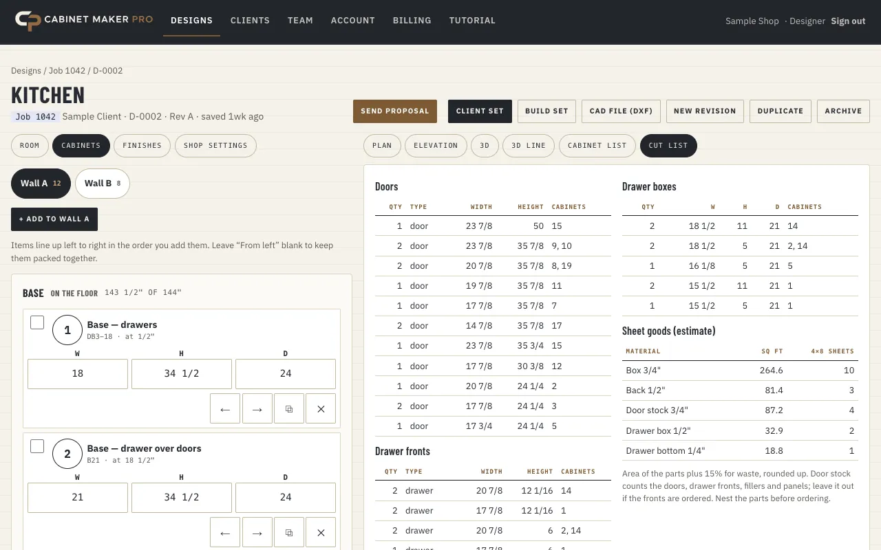 The Cut list view in the Cabinet Maker Pro editor for the sample kitchen: tables of doors, drawer fronts and drawer boxes by size, and the sheet goods estimate in 4×8 sheets