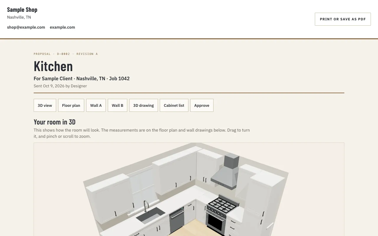 A Cabinet Maker Pro proposal page for the sample kitchen: the shop’s letterhead, Proposal D-0002 revision A, links to the 3D view, floor plan, walls A and B, 3D drawing, cabinet list and Approve, and the room in 3D
